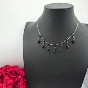 Marianna USA Silver Tone Black Crystal Teardrop Dangle Necklace Victorian Goth